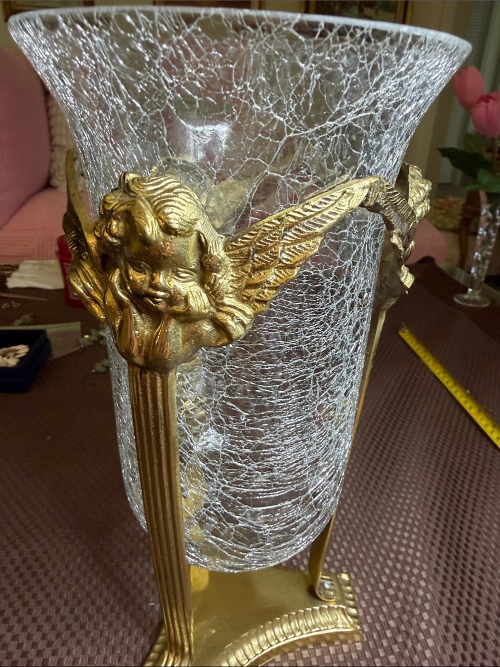 Vintage Gold Cherub Accent Vase with Crackle Glass